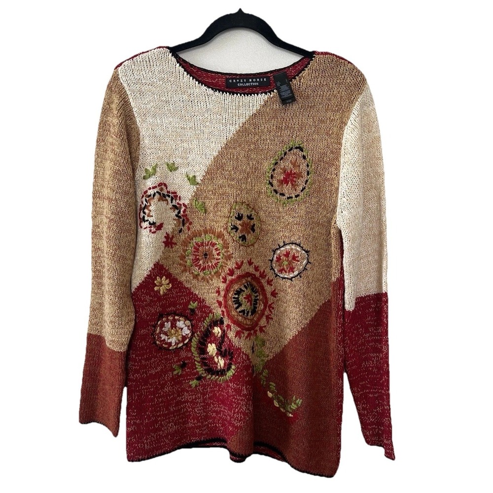 Crazy Horse Liz Claiborne Sweater Women L Embroidered Floral Multicolor New